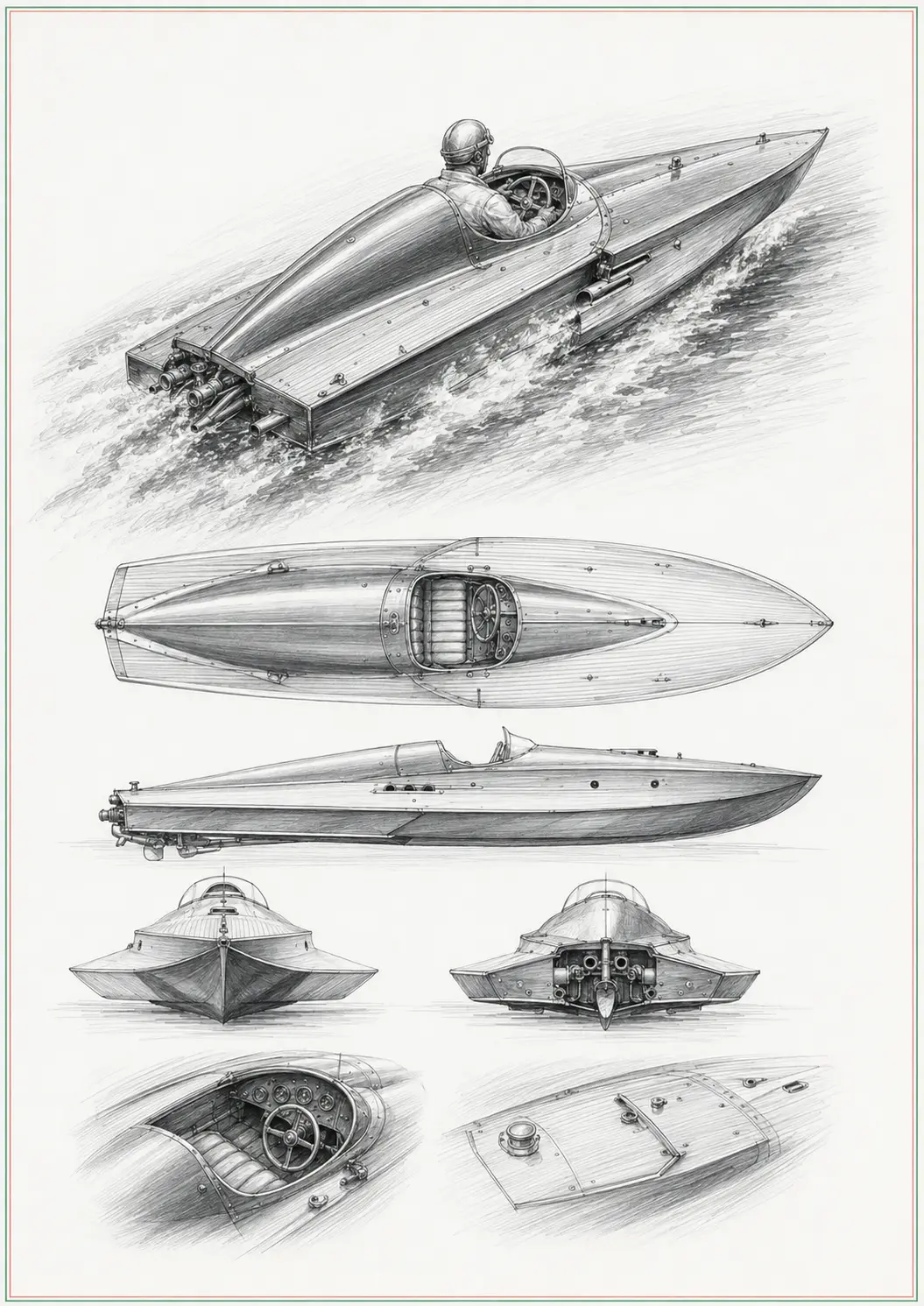 Tavola tecnica illustrata di un motoscafo classico